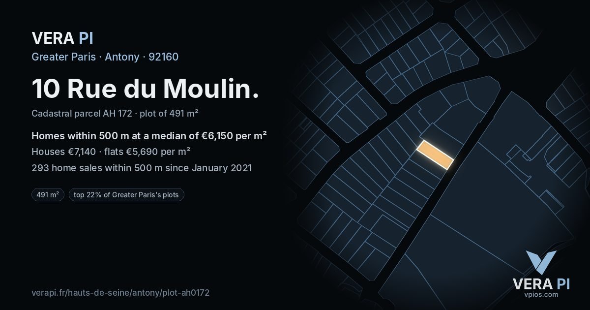 10 Rue du Moulin, Antony at night – the plot lit, the parcels around coloured by the prices near them