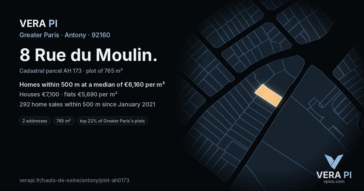 8 Rue du Moulin, Antony at night – the plot lit, the parcels around coloured by the prices near them