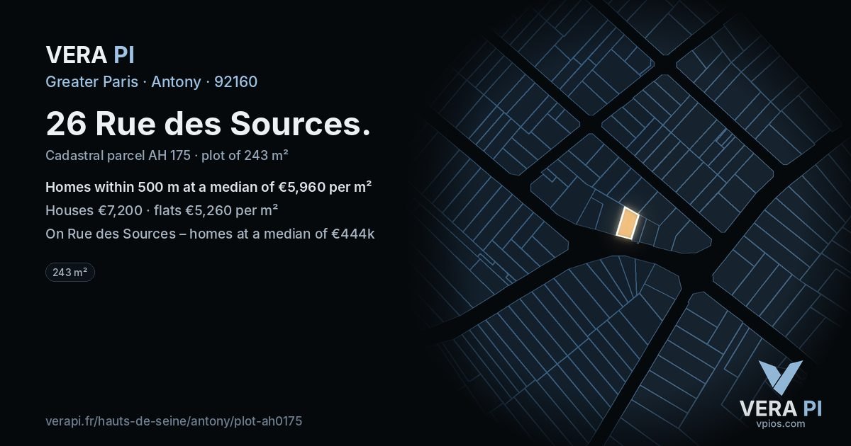 26 Rue des Sources, Antony at night – the plot lit, the parcels around coloured by the prices near them