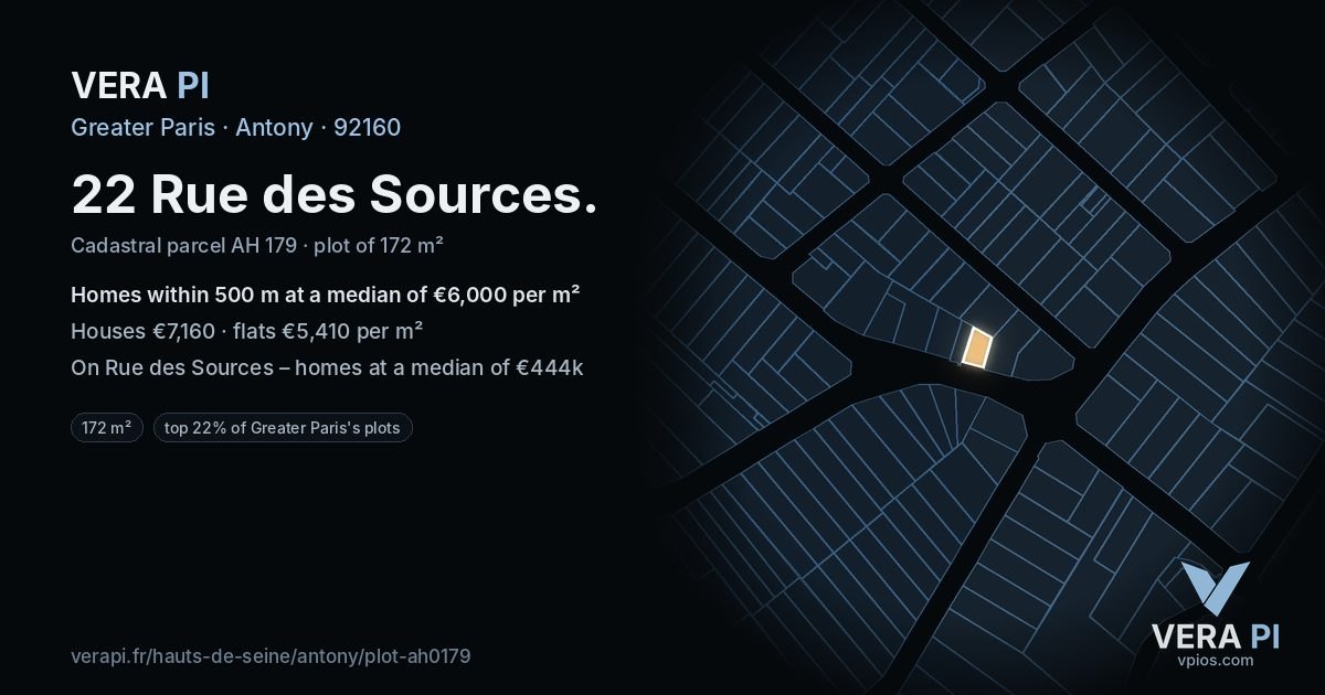 22 Rue des Sources, Antony at night – the plot lit, the parcels around coloured by the prices near them