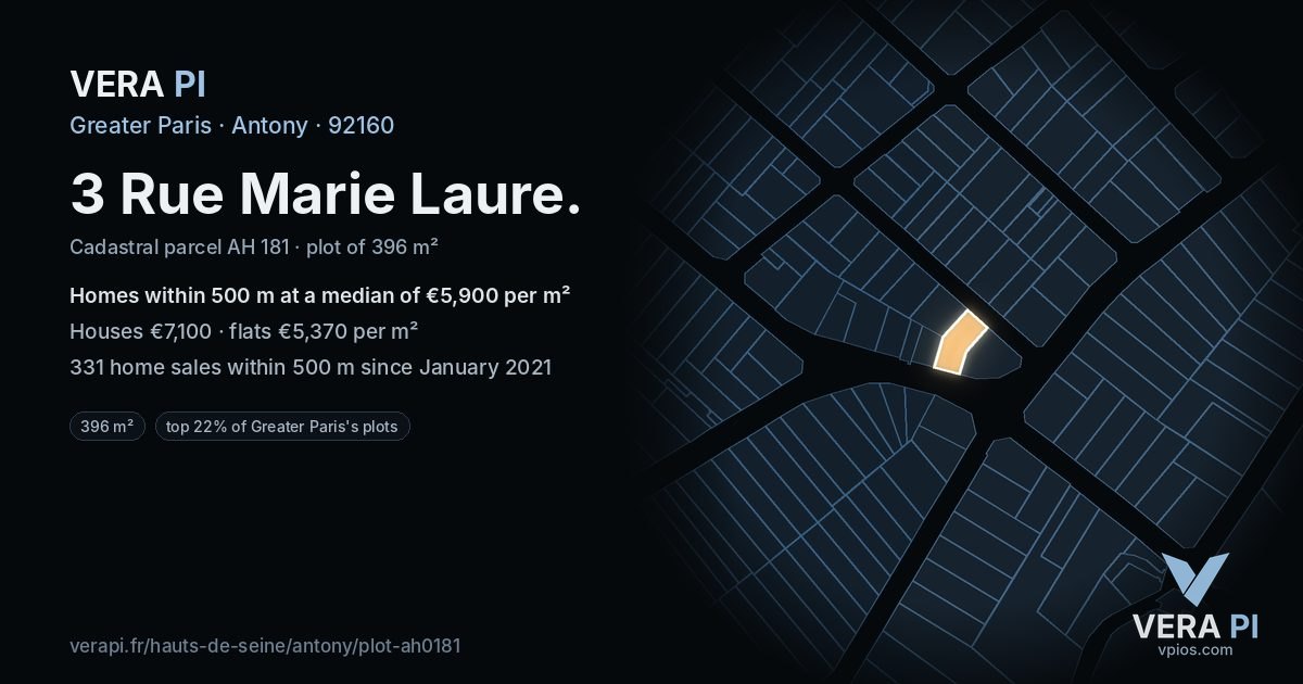 3 Rue Marie Laure, Antony at night – the plot lit, the parcels around coloured by the prices near them