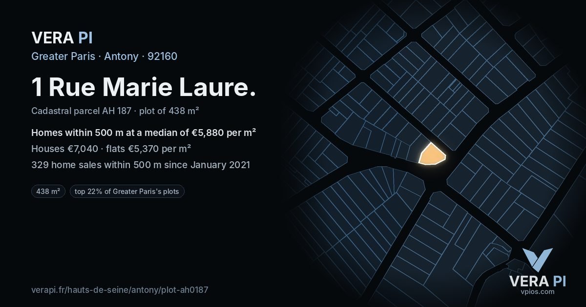 1 Rue Marie Laure, Antony at night – the plot lit, the parcels around coloured by the prices near them