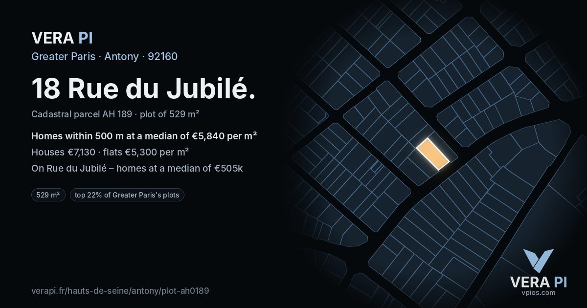 18 Rue du Jubilé, Antony at night – the plot lit, the parcels around coloured by the prices near them