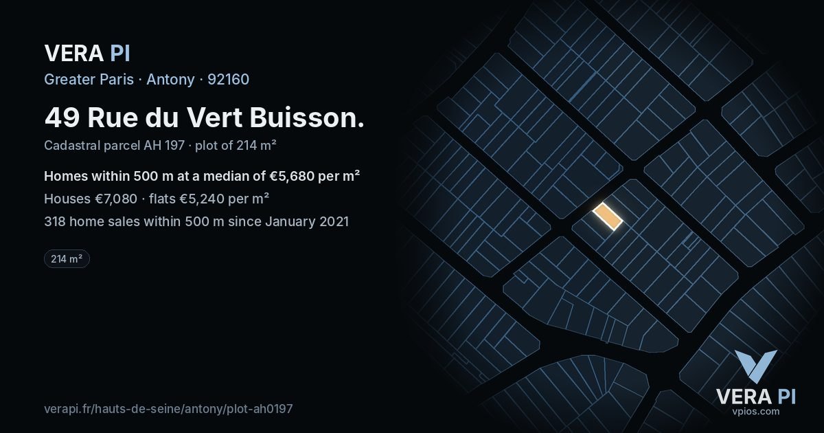 49 Rue du Vert Buisson, Antony at night – the plot lit, the parcels around coloured by the prices near them