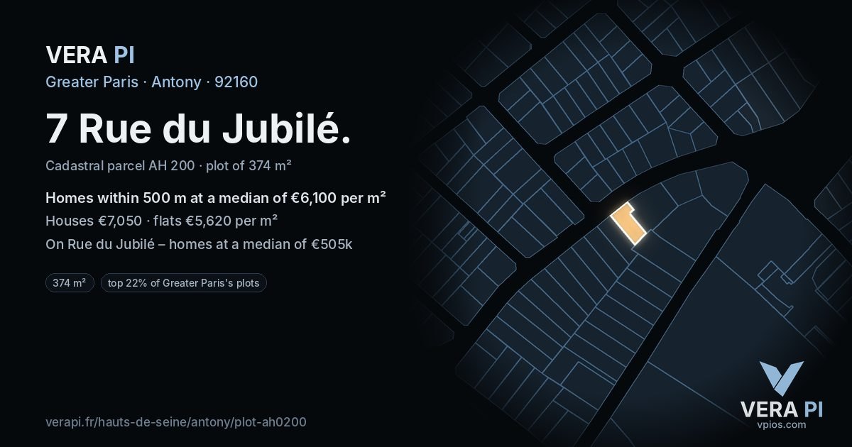 7 Rue du Jubilé, Antony at night – the plot lit, the parcels around coloured by the prices near them