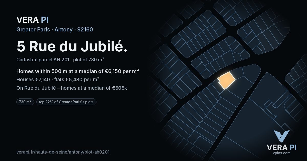 5 Rue du Jubilé, Antony at night – the plot lit, the parcels around coloured by the prices near them