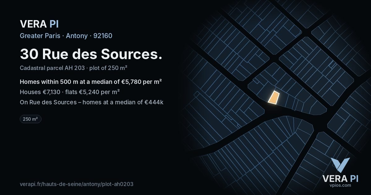 30 Rue des Sources, Antony at night – the plot lit, the parcels around coloured by the prices near them