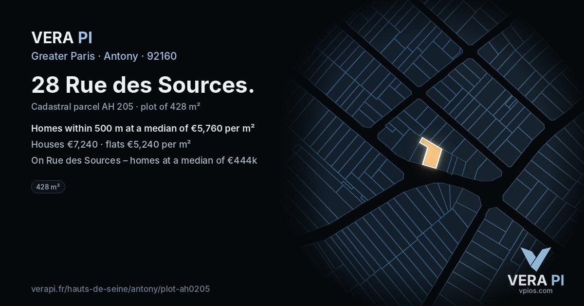 28 Rue des Sources, Antony at night – the plot lit, the parcels around coloured by the prices near them