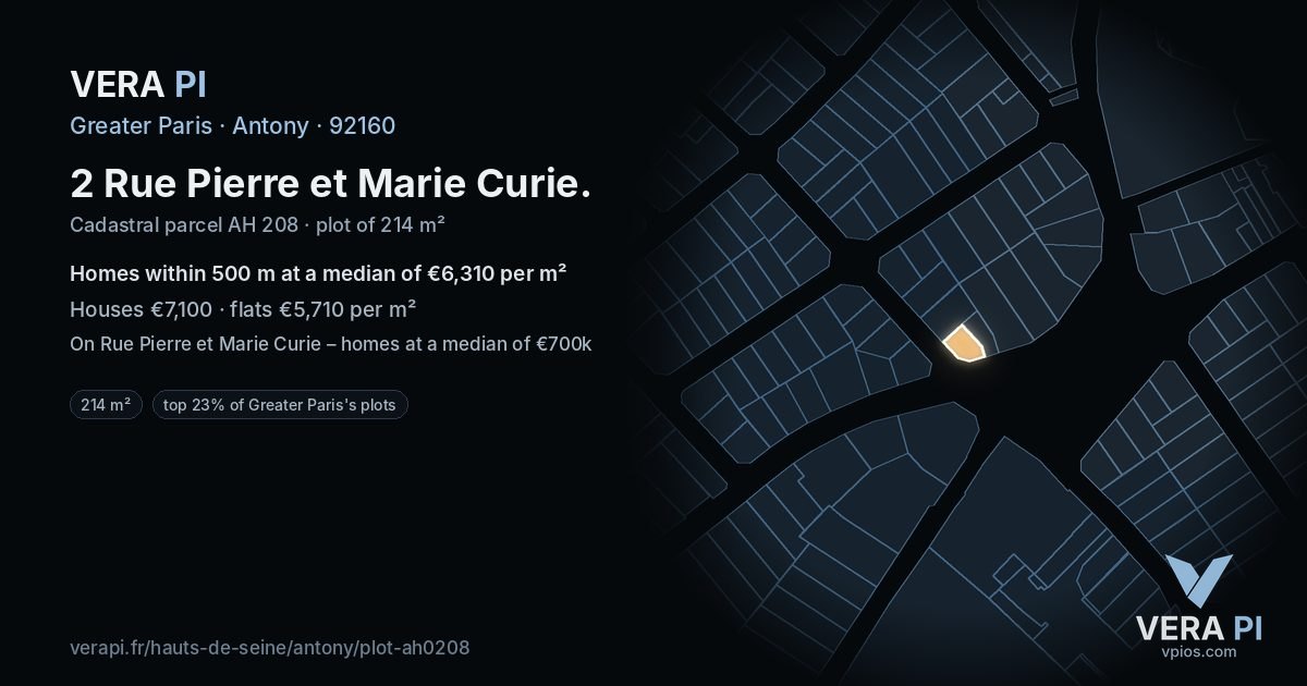 2 Rue Pierre et Marie Curie, Antony at night – the plot lit, the parcels around coloured by the prices near them