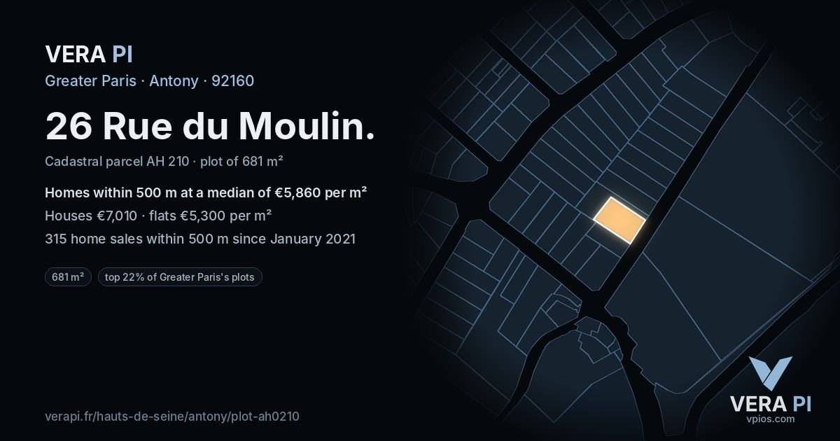 26 Rue du Moulin, Antony at night – the plot lit, the parcels around coloured by the prices near them