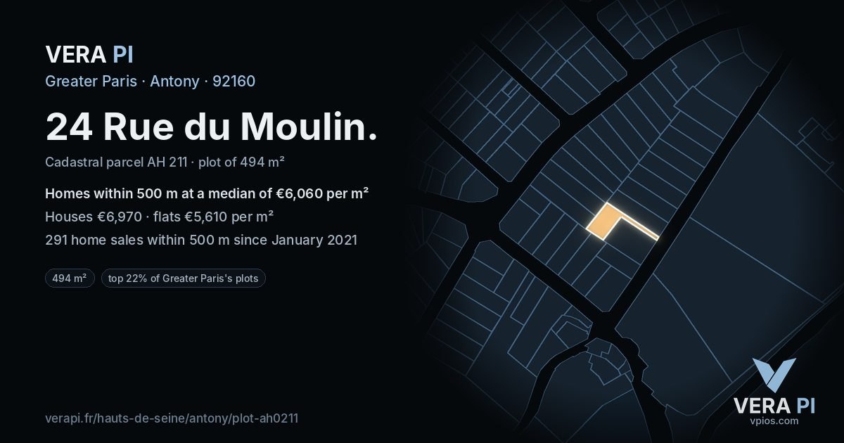 24 Rue du Moulin, Antony at night – the plot lit, the parcels around coloured by the prices near them