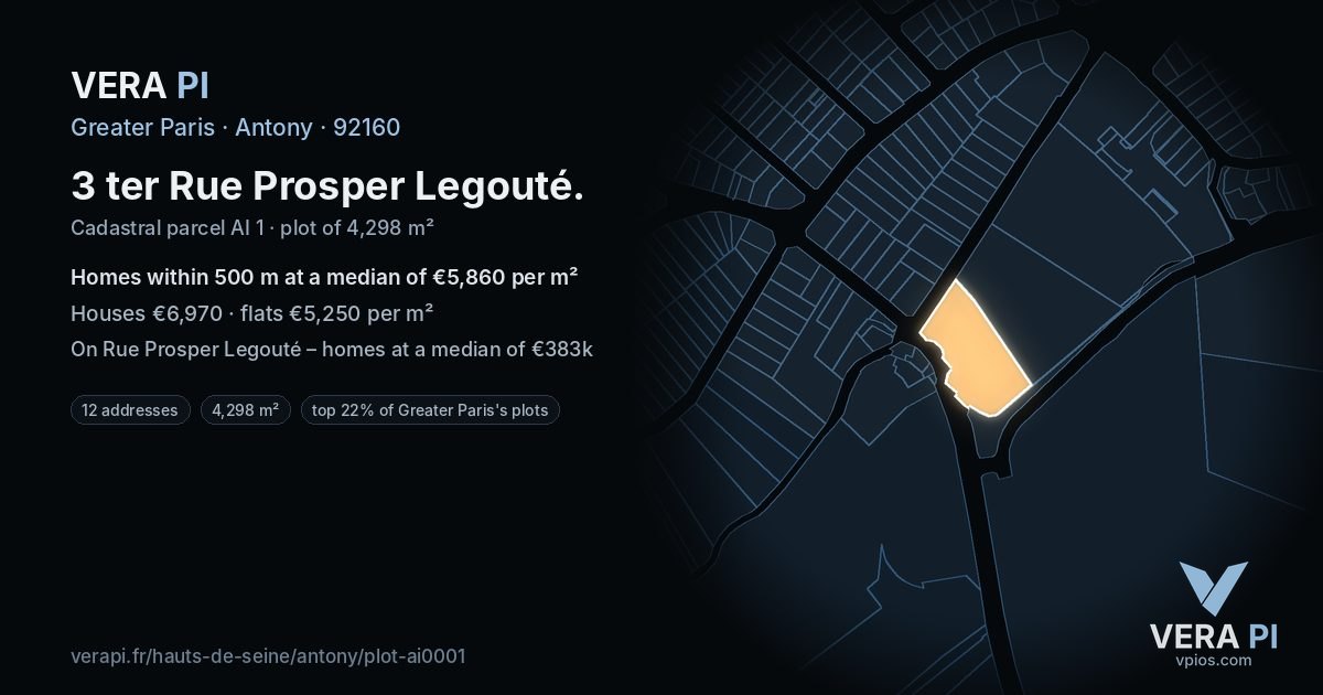 3 ter Rue Prosper Legouté, Antony at night – the plot lit, the parcels around coloured by the prices near them