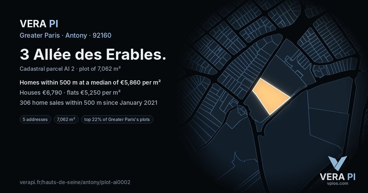 3 Allée des Erables, Antony at night – the plot lit, the parcels around coloured by the prices near them