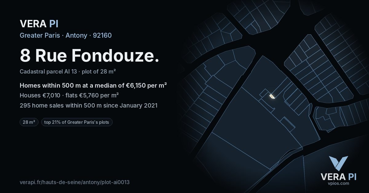 8 Rue Fondouze, Antony at night – the plot lit, the parcels around coloured by the prices near them