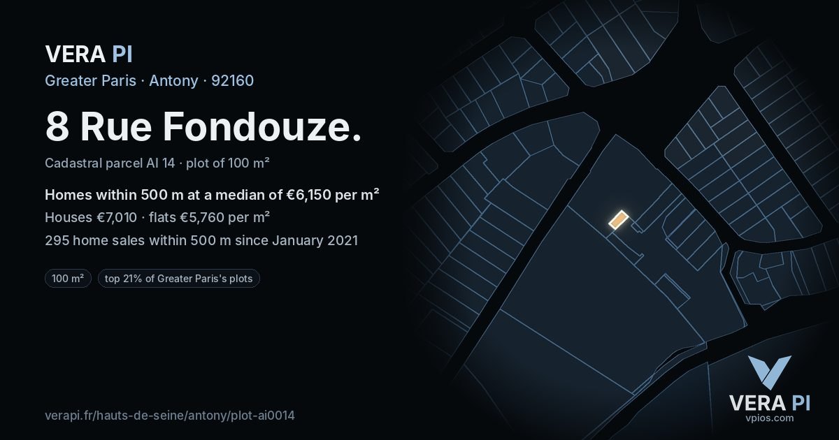 8 Rue Fondouze, Antony at night – the plot lit, the parcels around coloured by the prices near them