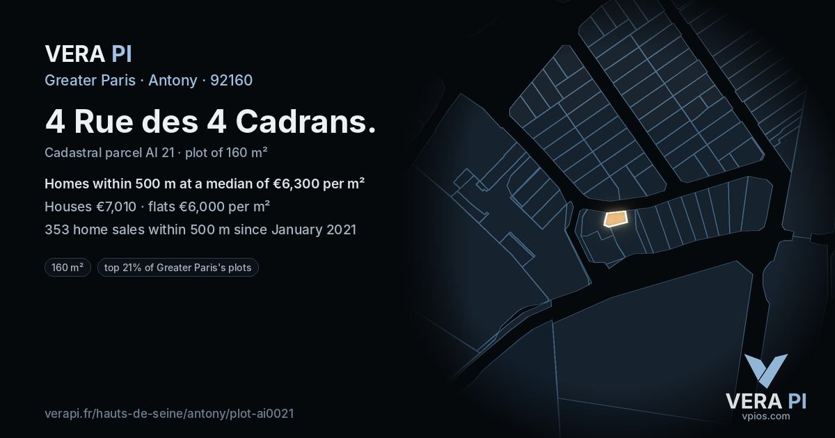 4 Rue des 4 Cadrans, Antony at night – the plot lit, the parcels around coloured by the prices near them