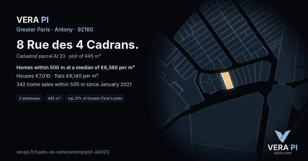 8 Rue des 4 Cadrans, Antony at night – the plot lit, the parcels around coloured by the prices near them