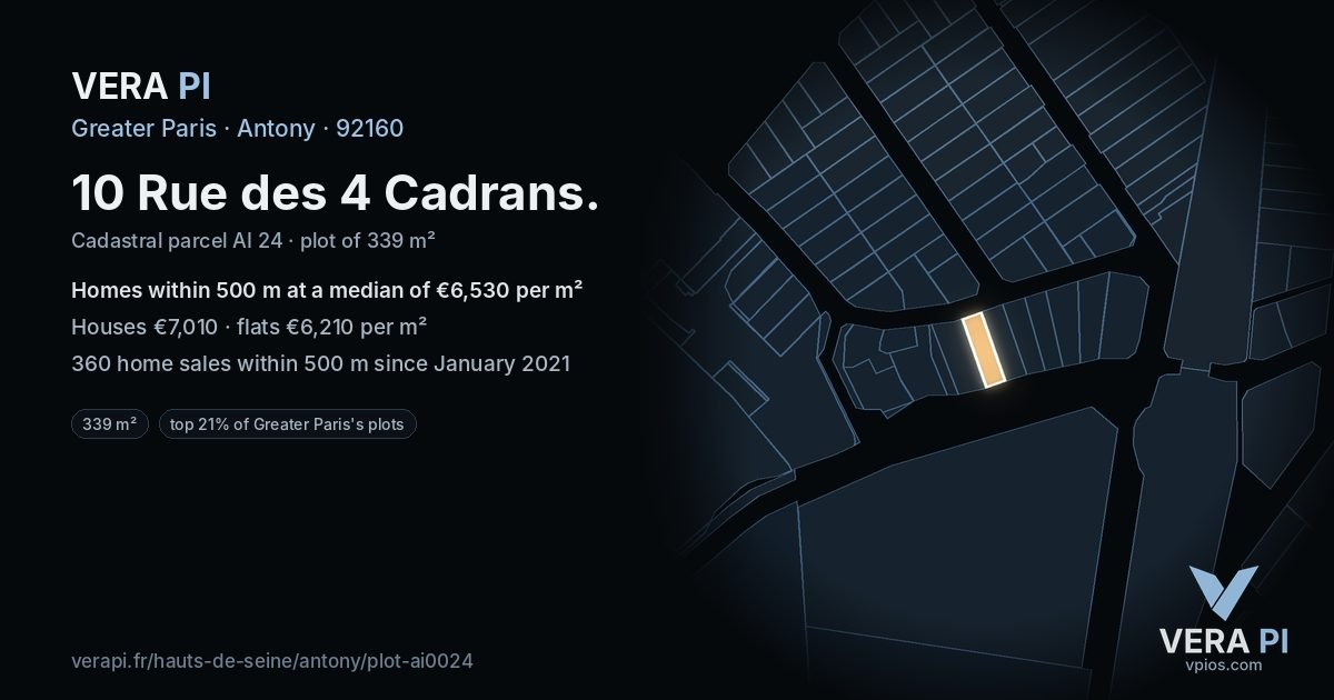 10 Rue des 4 Cadrans, Antony at night – the plot lit, the parcels around coloured by the prices near them