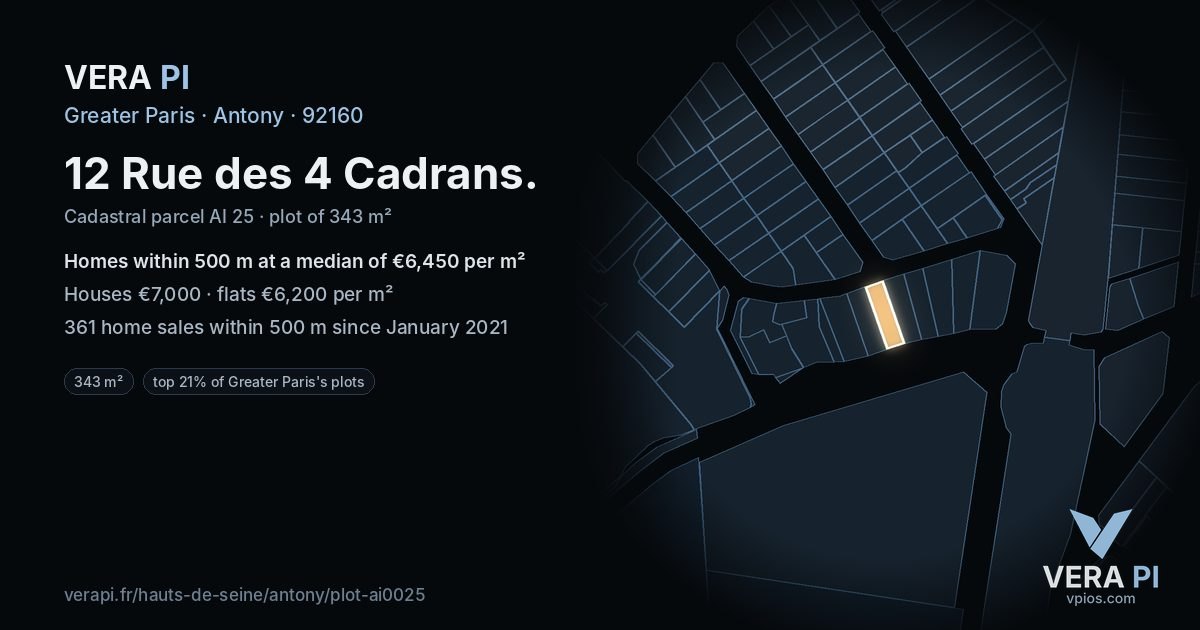 12 Rue des 4 Cadrans, Antony at night – the plot lit, the parcels around coloured by the prices near them