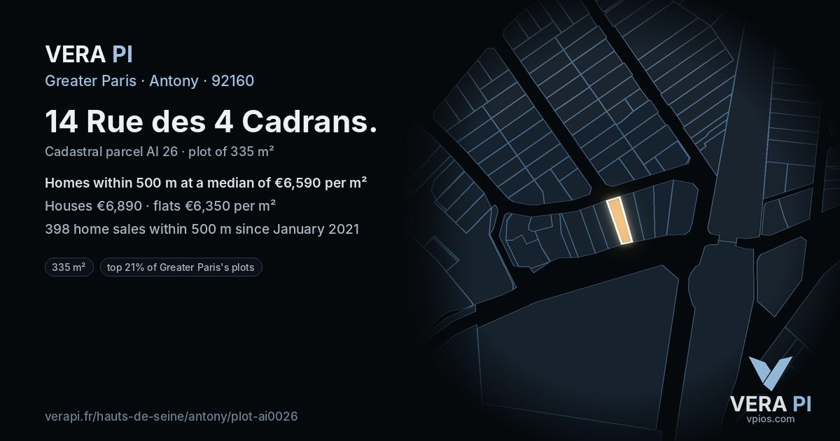 14 Rue des 4 Cadrans, Antony at night – the plot lit, the parcels around coloured by the prices near them