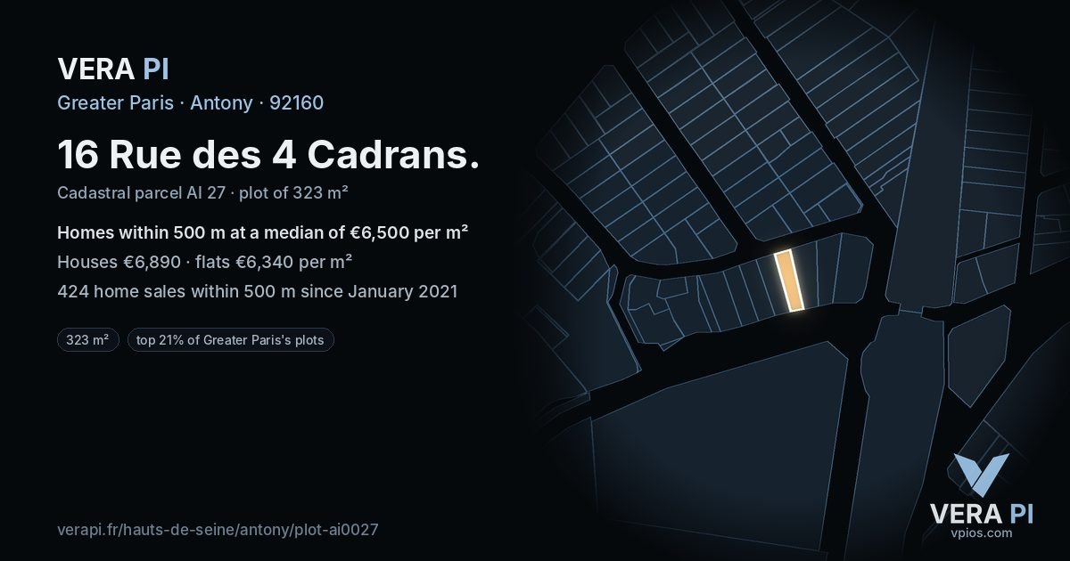 16 Rue des 4 Cadrans, Antony at night – the plot lit, the parcels around coloured by the prices near them