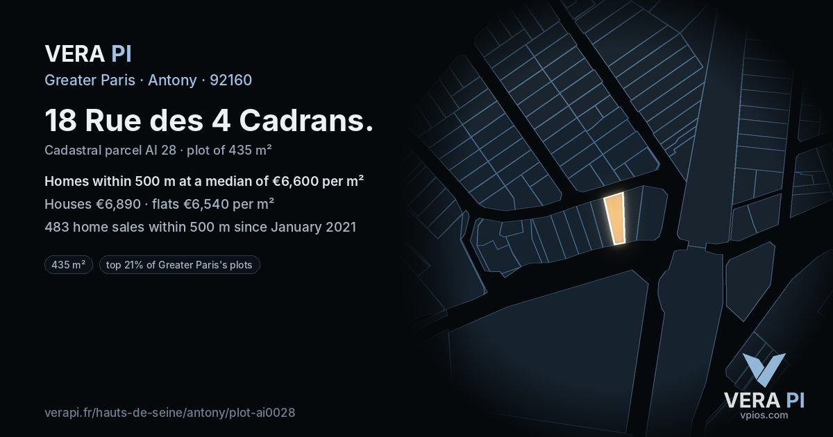 18 Rue des 4 Cadrans, Antony at night – the plot lit, the parcels around coloured by the prices near them