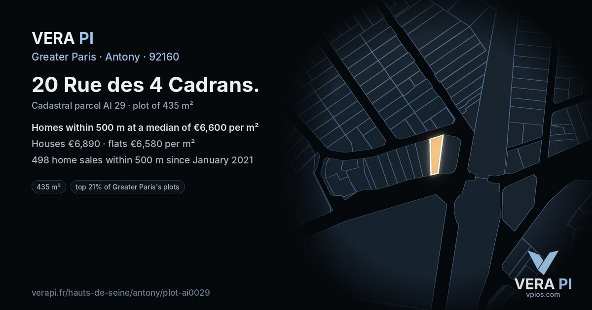 20 Rue des 4 Cadrans, Antony at night – the plot lit, the parcels around coloured by the prices near them