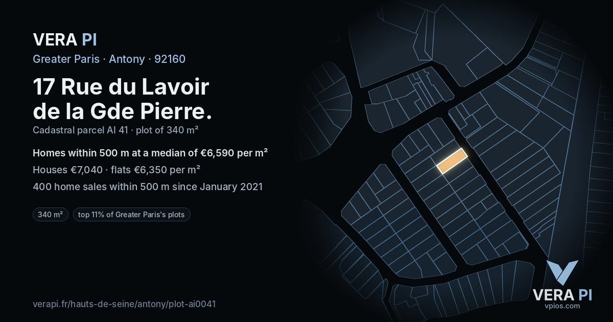 17 Rue du Lavoir de la Gde Pierre, Antony at night – the plot lit, the parcels around coloured by the prices near them