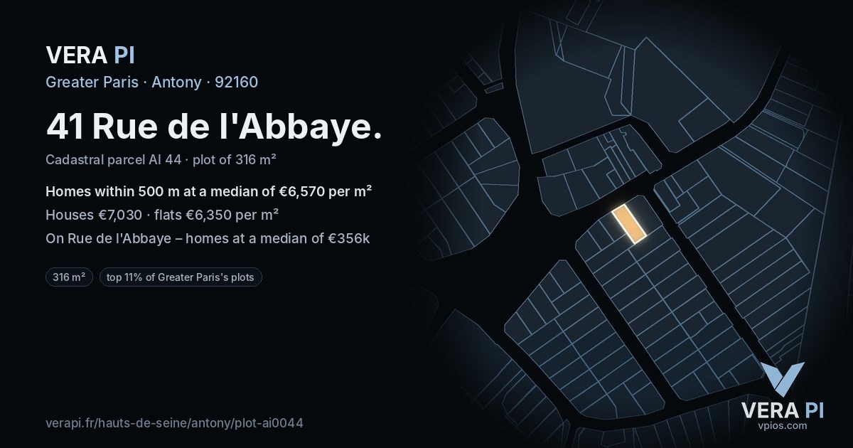 41 Rue de l'Abbaye, Antony at night – the plot lit, the parcels around coloured by the prices near them