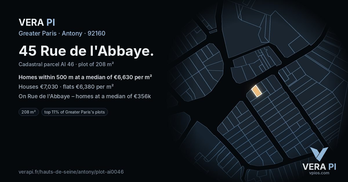 45 Rue de l'Abbaye, Antony at night – the plot lit, the parcels around coloured by the prices near them