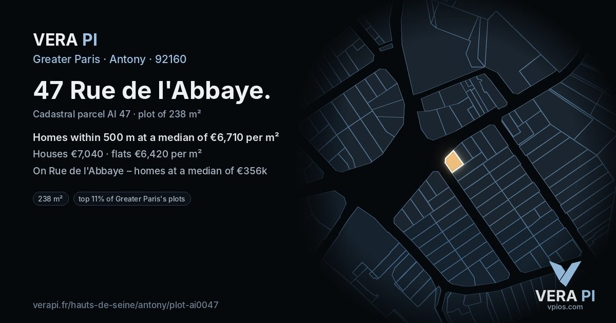 47 Rue de l'Abbaye, Antony at night – the plot lit, the parcels around coloured by the prices near them