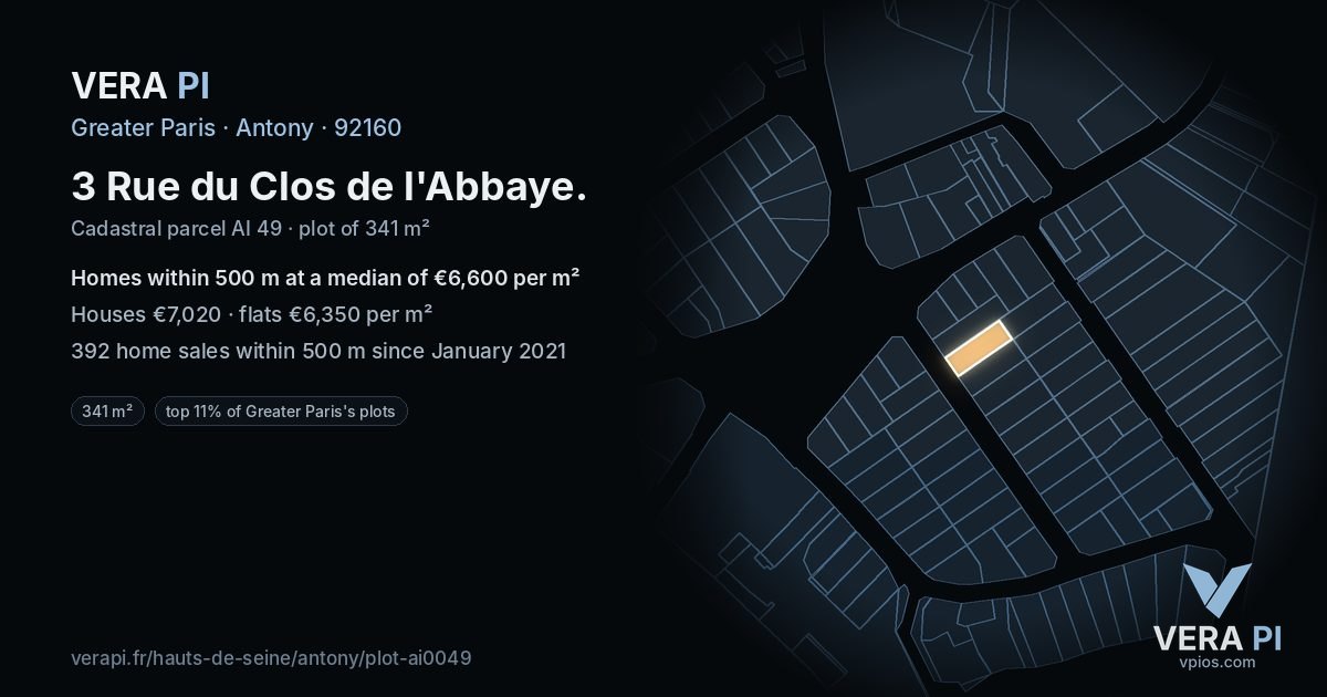 3 Rue du Clos de l'Abbaye, Antony at night – the plot lit, the parcels around coloured by the prices near them