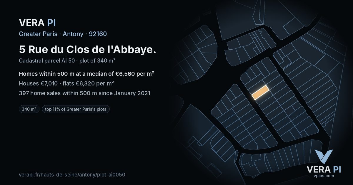 5 Rue du Clos de l'Abbaye, Antony at night – the plot lit, the parcels around coloured by the prices near them