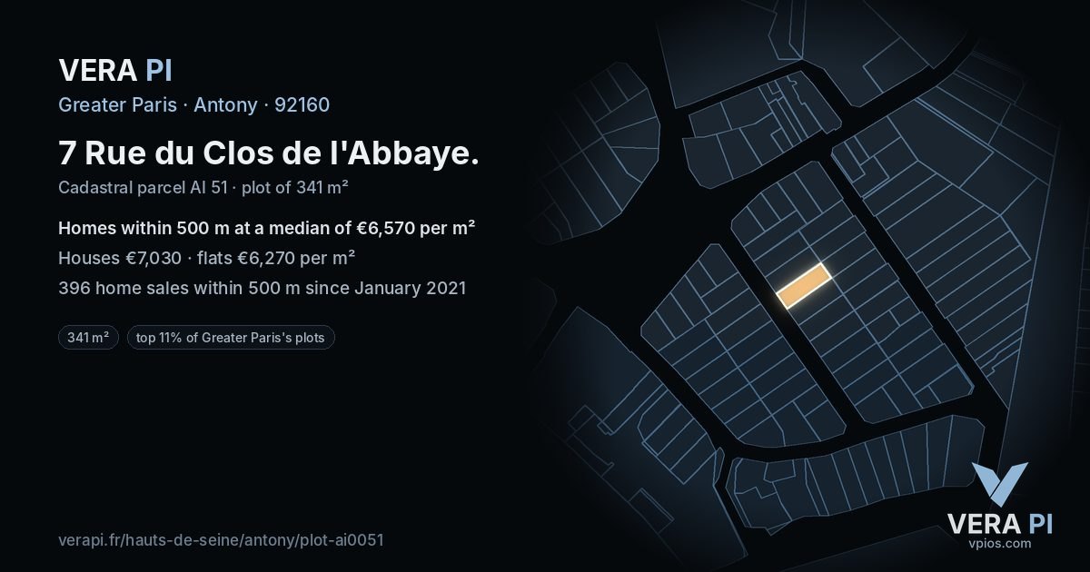 7 Rue du Clos de l'Abbaye, Antony at night – the plot lit, the parcels around coloured by the prices near them