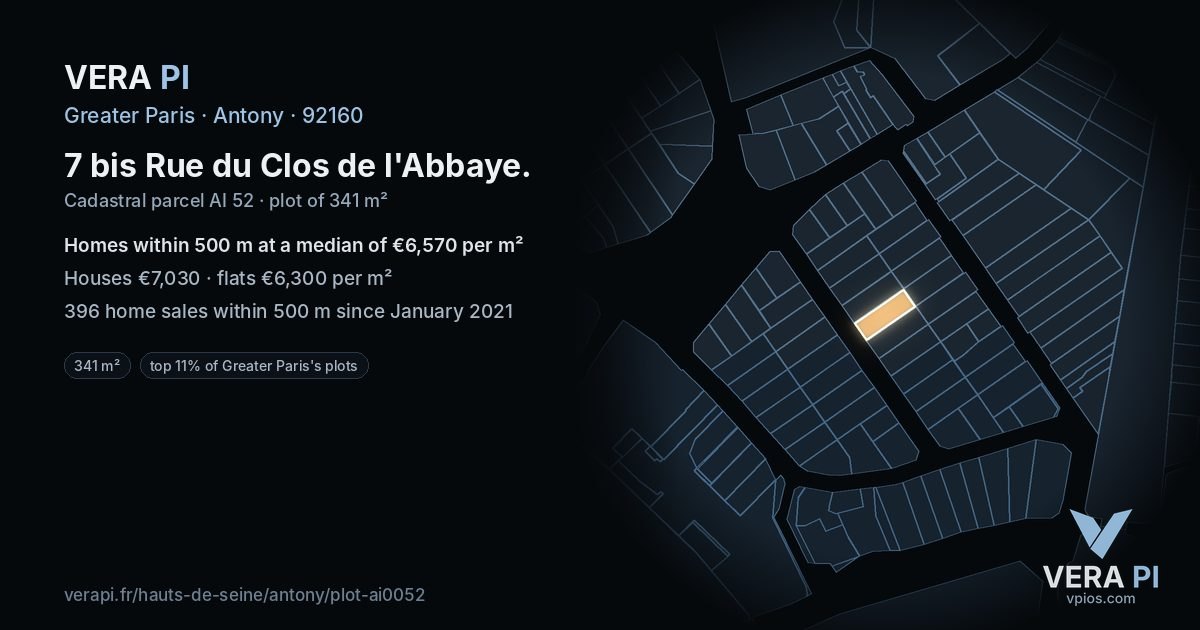 7 bis Rue du Clos de l'Abbaye, Antony at night – the plot lit, the parcels around coloured by the prices near them