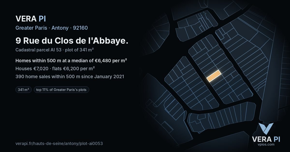 9 Rue du Clos de l'Abbaye, Antony at night – the plot lit, the parcels around coloured by the prices near them