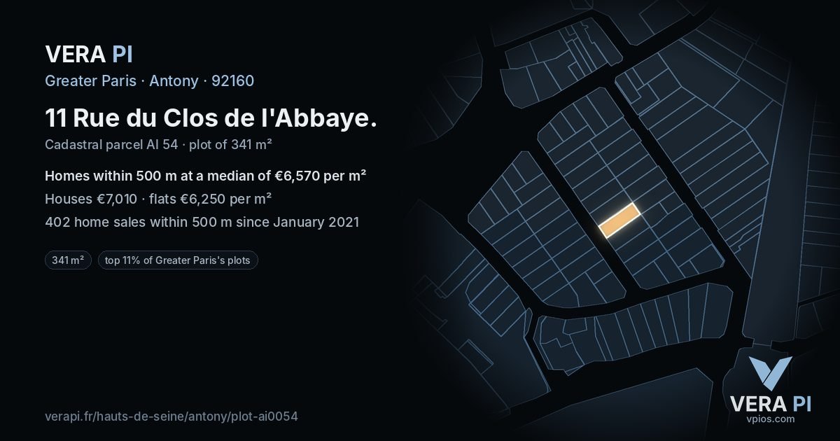 11 Rue du Clos de l'Abbaye, Antony at night – the plot lit, the parcels around coloured by the prices near them