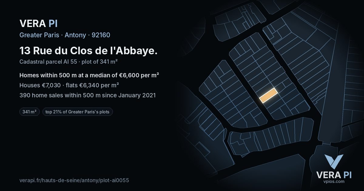 13 Rue du Clos de l'Abbaye, Antony at night – the plot lit, the parcels around coloured by the prices near them
