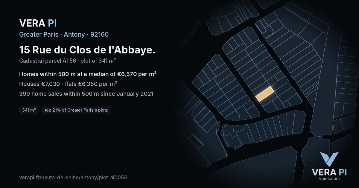 15 Rue du Clos de l'Abbaye, Antony at night – the plot lit, the parcels around coloured by the prices near them