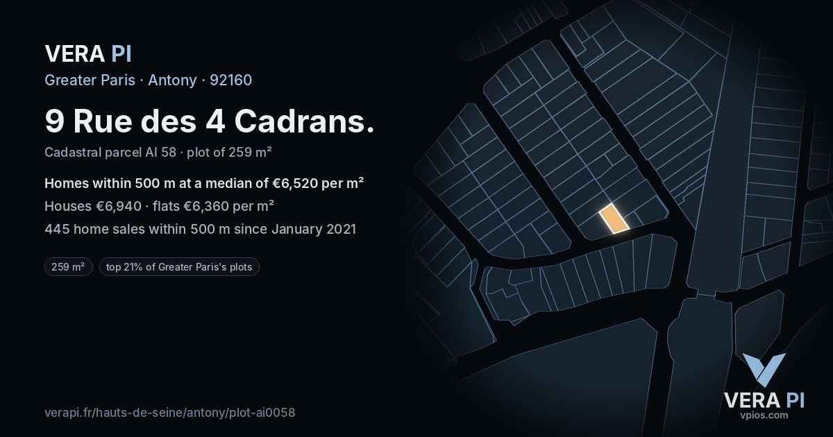 9 Rue des 4 Cadrans, Antony at night – the plot lit, the parcels around coloured by the prices near them