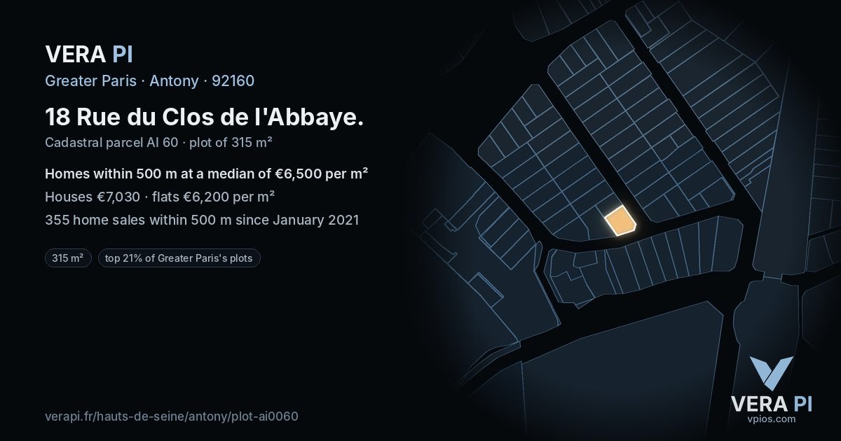 18 Rue du Clos de l'Abbaye, Antony at night – the plot lit, the parcels around coloured by the prices near them