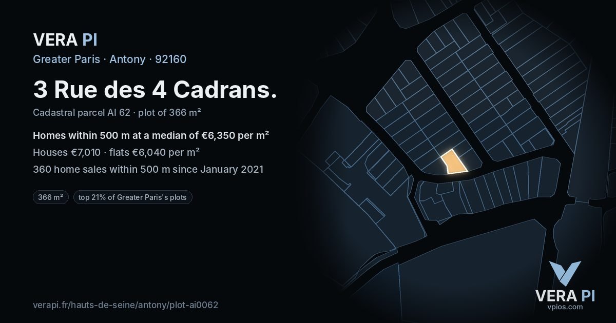3 Rue des 4 Cadrans, Antony at night – the plot lit, the parcels around coloured by the prices near them