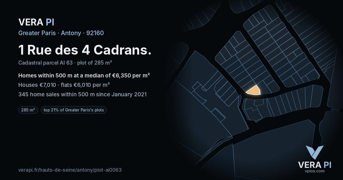 1 Rue des 4 Cadrans, Antony at night – the plot lit, the parcels around coloured by the prices near them