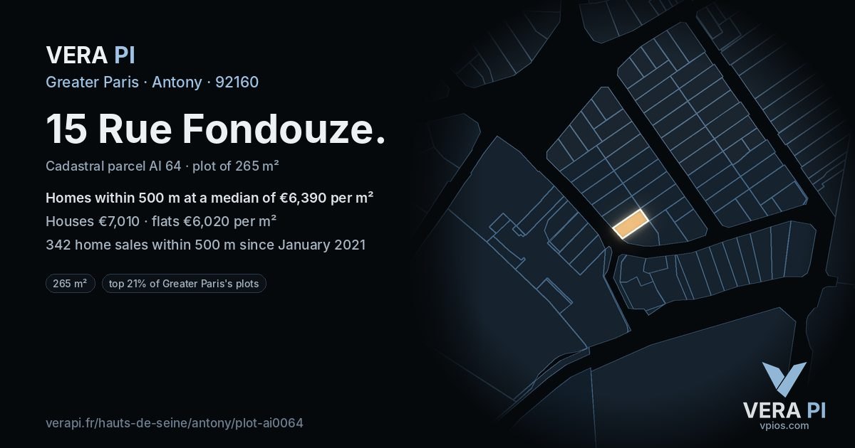 15 Rue Fondouze, Antony at night – the plot lit, the parcels around coloured by the prices near them