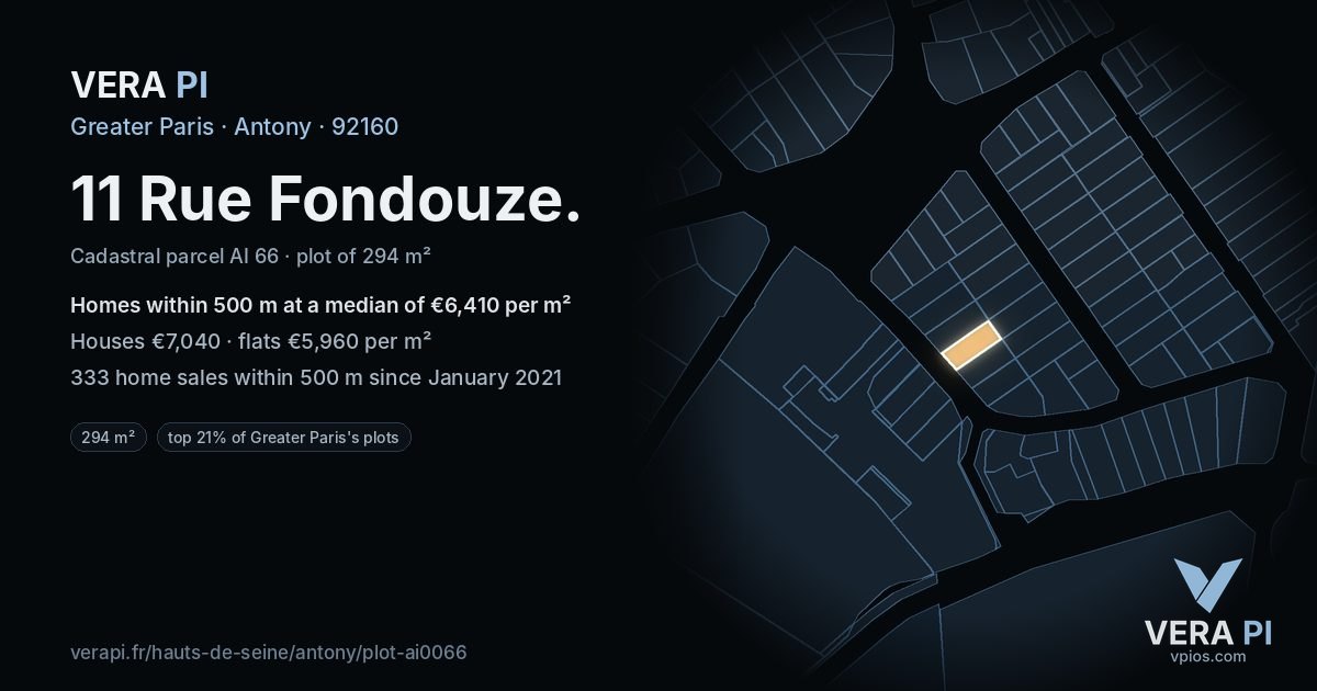 11 Rue Fondouze, Antony at night – the plot lit, the parcels around coloured by the prices near them