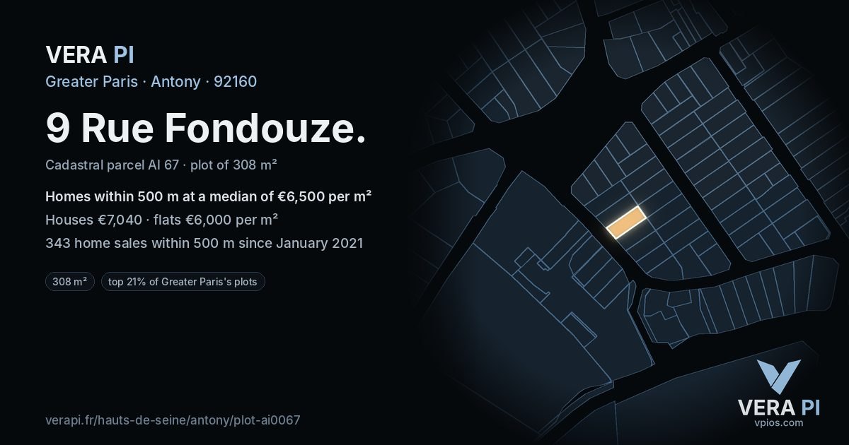 9 Rue Fondouze, Antony at night – the plot lit, the parcels around coloured by the prices near them