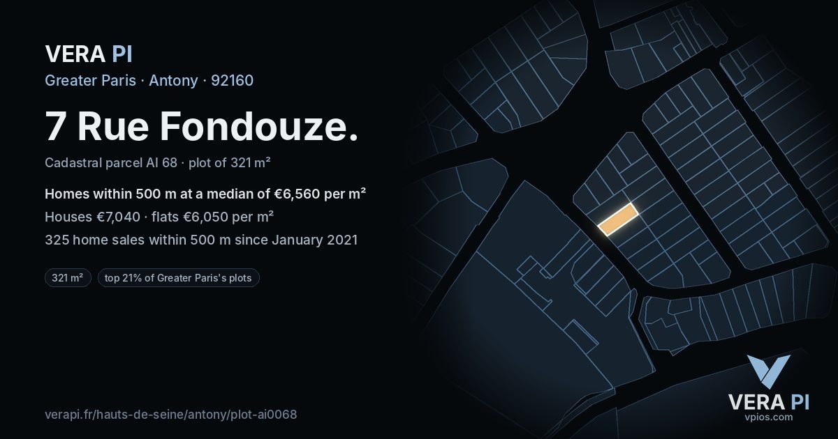 7 Rue Fondouze, Antony at night – the plot lit, the parcels around coloured by the prices near them