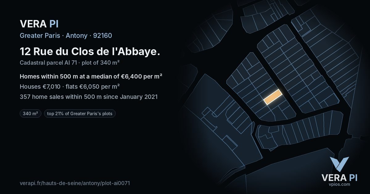 12 Rue du Clos de l'Abbaye, Antony at night – the plot lit, the parcels around coloured by the prices near them