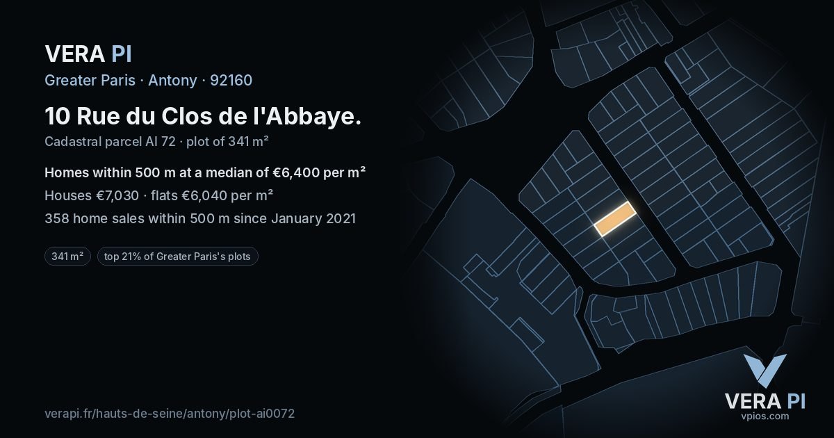 10 Rue du Clos de l'Abbaye, Antony at night – the plot lit, the parcels around coloured by the prices near them
