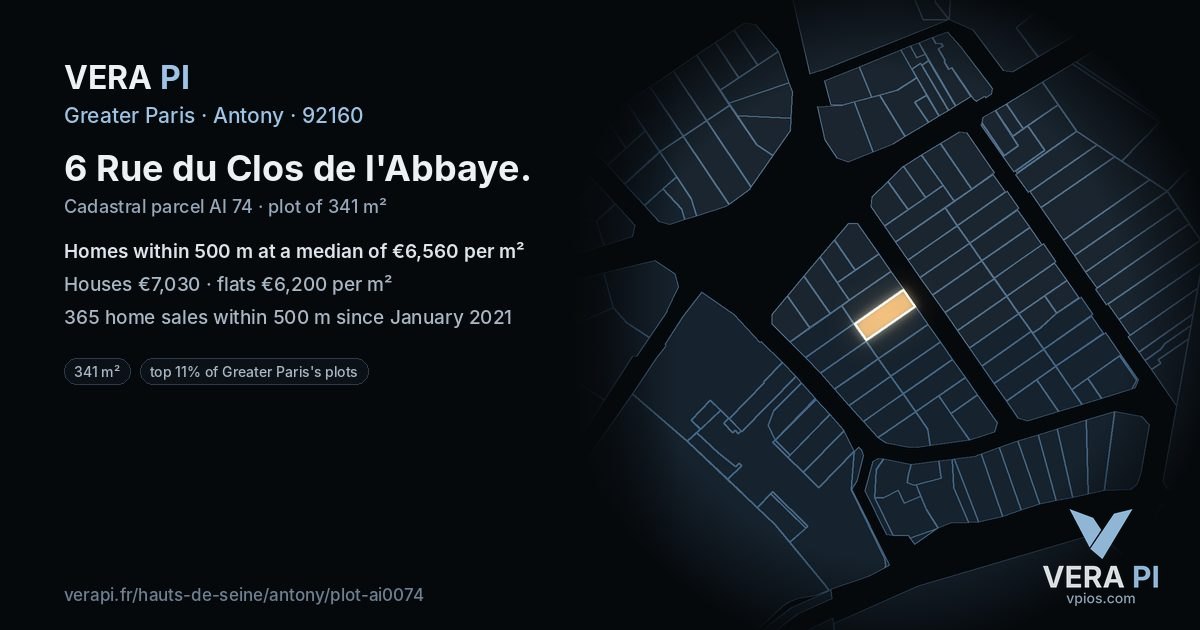6 Rue du Clos de l'Abbaye, Antony at night – the plot lit, the parcels around coloured by the prices near them